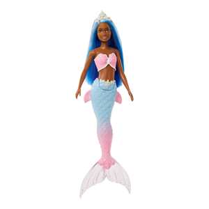 Giocattolo Barbie Dreamtopia, bambola dai capelli blu e coroncina regale, con corpetto a conchiglia e la coda multicolore sfumata Barbie